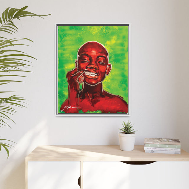 Youth — Framed Matte Canvas Art Print (Boy with Silver Teeth, Green Background)