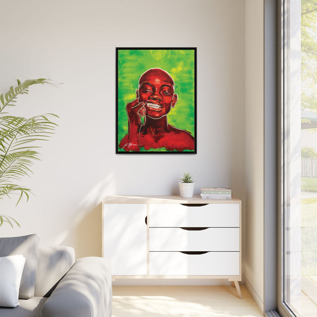 Youth — Framed Matte Canvas Art Print (Boy with Silver Teeth, Green Background)