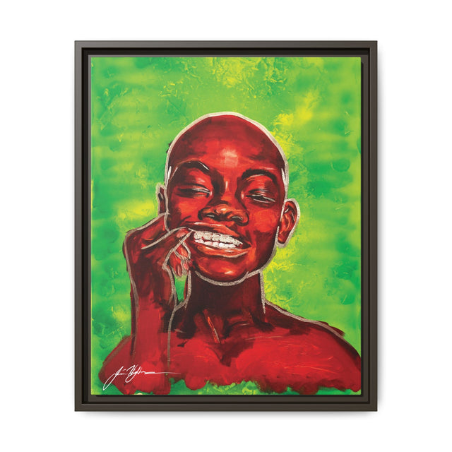 Youth — Framed Matte Canvas Art Print (Boy with Silver Teeth, Green Background)