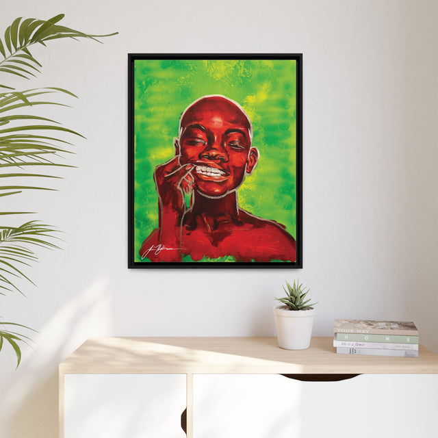 Youth — Framed Matte Canvas Art Print (Boy with Silver Teeth, Green Background)