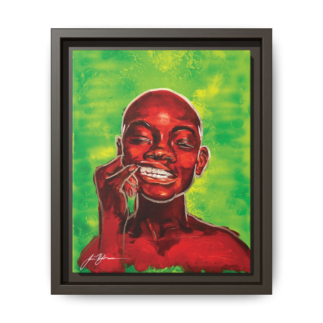 Youth — Framed Matte Canvas Art Print (Boy with Silver Teeth, Green Background)