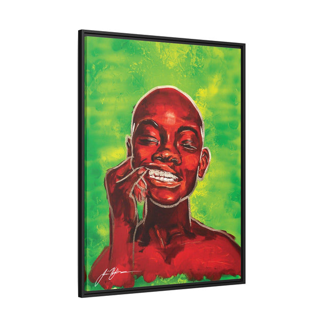Youth — Framed Matte Canvas Art Print (Boy with Silver Teeth, Green Background)