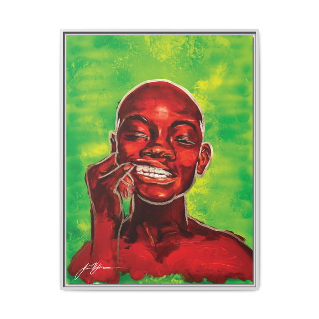 Youth — Framed Matte Canvas Art Print (Boy with Silver Teeth, Green Background)