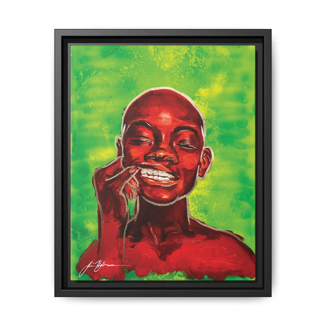 Youth — Framed Matte Canvas Art Print (Boy with Silver Teeth, Green Background)