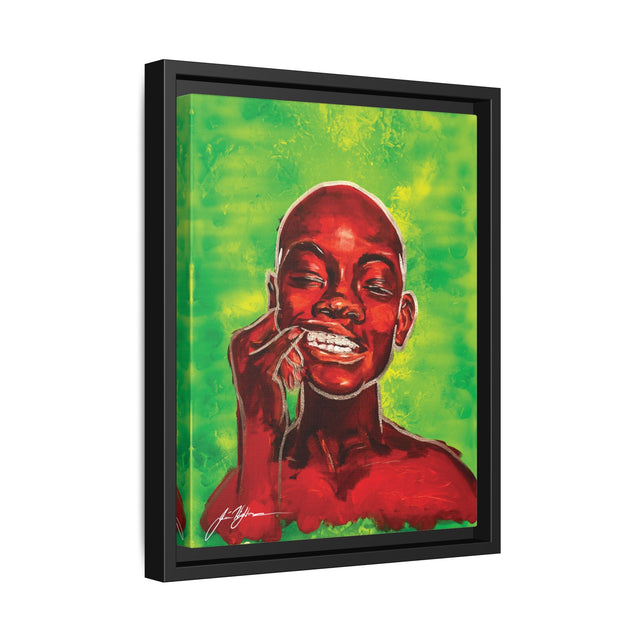 Youth — Framed Matte Canvas Art Print (Boy with Silver Teeth, Green Background)