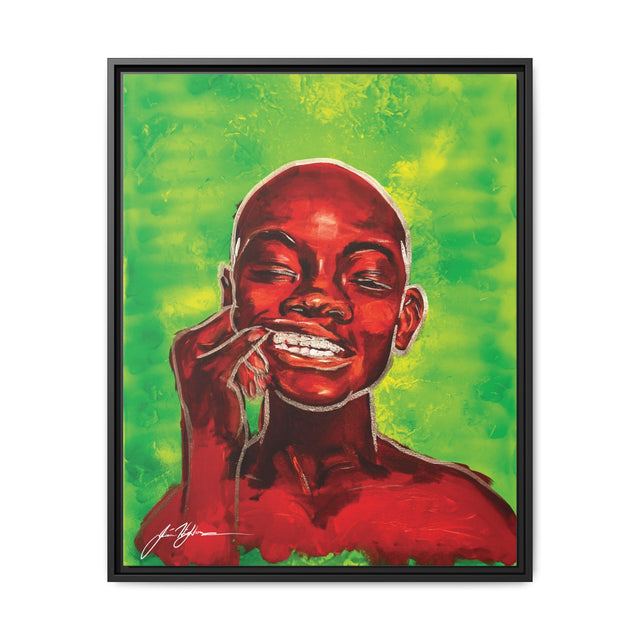 Youth — Framed Matte Canvas Art Print (Boy with Silver Teeth, Green Background)