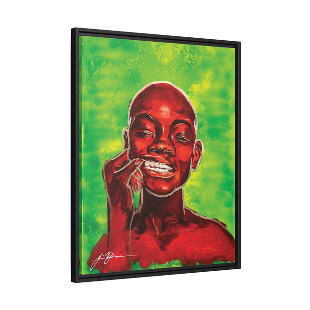 Youth — Framed Matte Canvas Art Print (Boy with Silver Teeth, Green Background)
