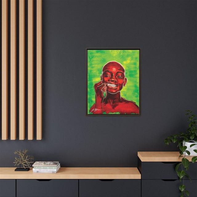 Youth — Framed Matte Canvas Art Print (Boy with Silver Teeth, Green Background)