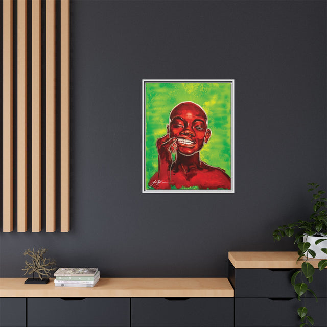 Youth — Framed Matte Canvas Art Print (Boy with Silver Teeth, Green Background)