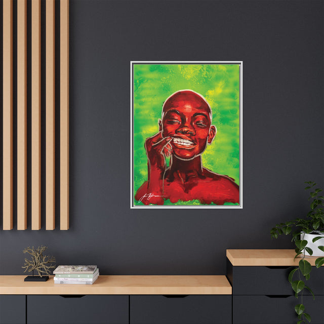 Youth — Framed Matte Canvas Art Print (Boy with Silver Teeth, Green Background)