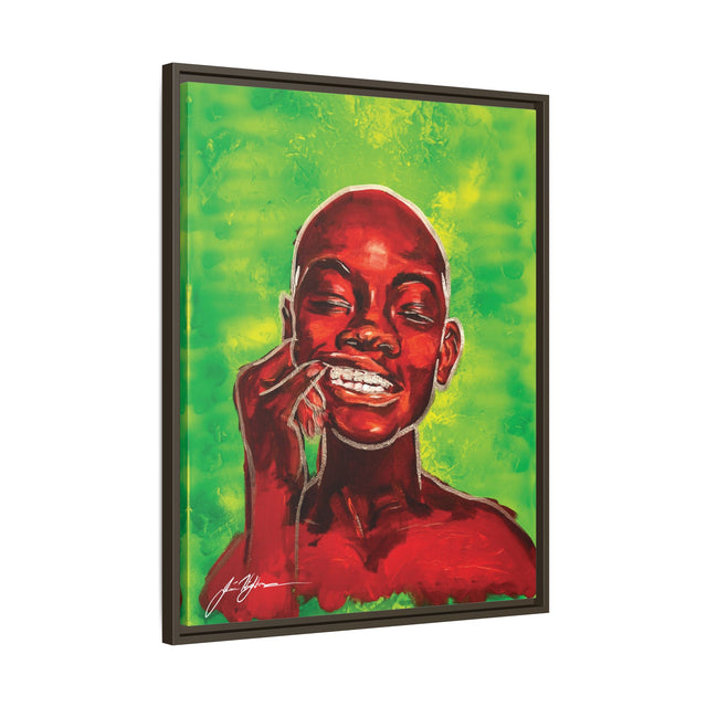 Youth — Framed Matte Canvas Art Print (Boy with Silver Teeth, Green Background)