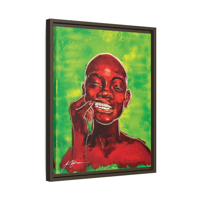 Youth — Framed Matte Canvas Art Print (Boy with Silver Teeth, Green Background)