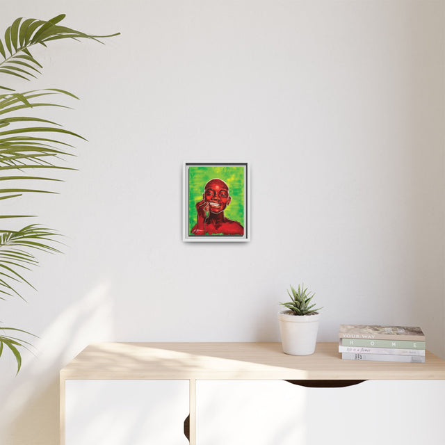 Youth — Framed Matte Canvas Art Print (Boy with Silver Teeth, Green Background)