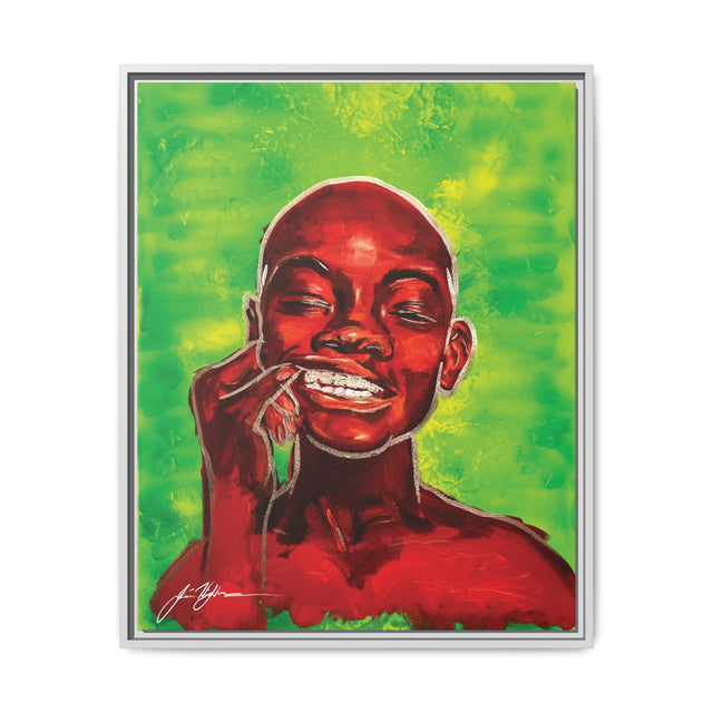 Youth — Framed Matte Canvas Art Print (Boy with Silver Teeth, Green Background)