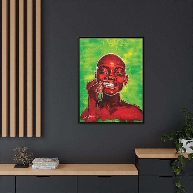 Youth — Framed Matte Canvas Art Print (Boy with Silver Teeth, Green Background)