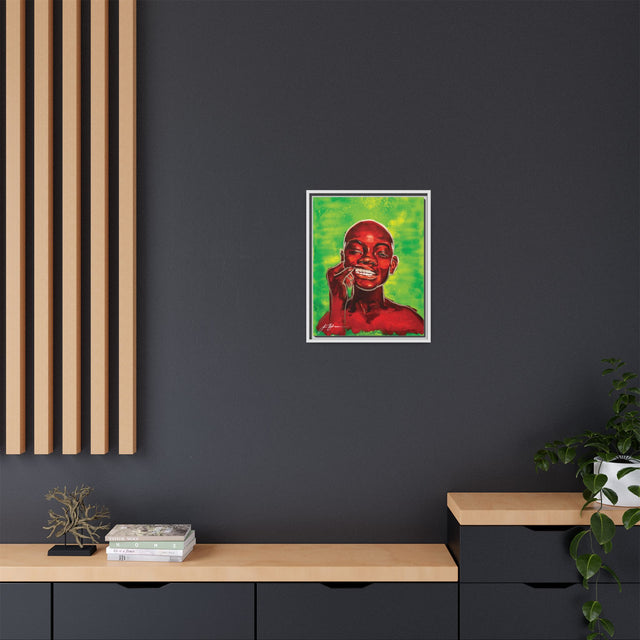 Youth — Framed Matte Canvas Art Print (Boy with Silver Teeth, Green Background)