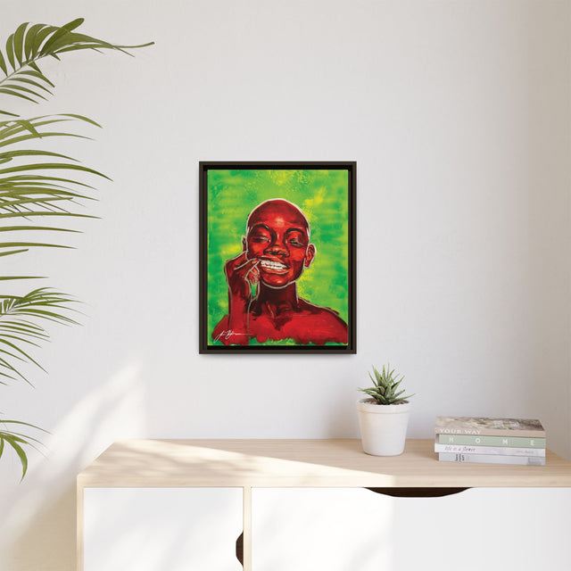 Youth — Framed Matte Canvas Art Print (Boy with Silver Teeth, Green Background)