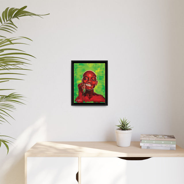 Youth — Framed Matte Canvas Art Print (Boy with Silver Teeth, Green Background)