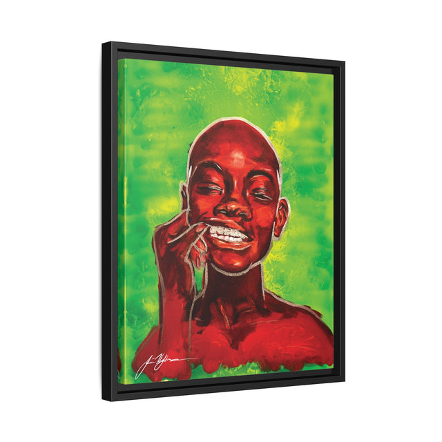 Youth — Framed Matte Canvas Art Print (Boy with Silver Teeth, Green Background)