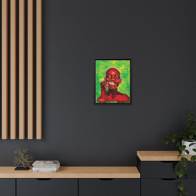 Youth — Framed Matte Canvas Art Print (Boy with Silver Teeth, Green Background)