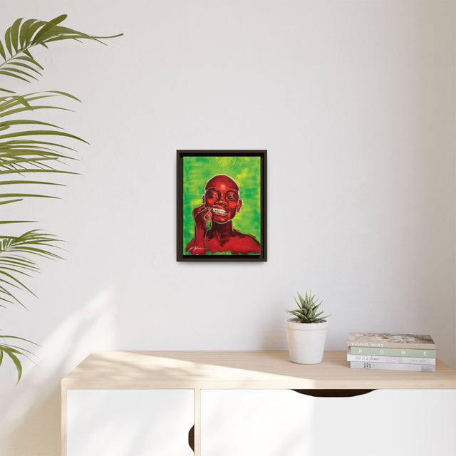 Youth — Framed Matte Canvas Art Print (Boy with Silver Teeth, Green Background)