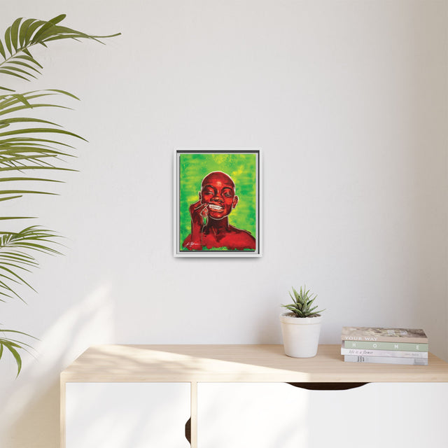 Youth — Framed Matte Canvas Art Print (Boy with Silver Teeth, Green Background)