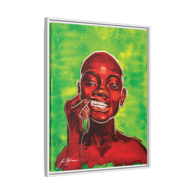 Youth — Framed Matte Canvas Art Print (Boy with Silver Teeth, Green Background)