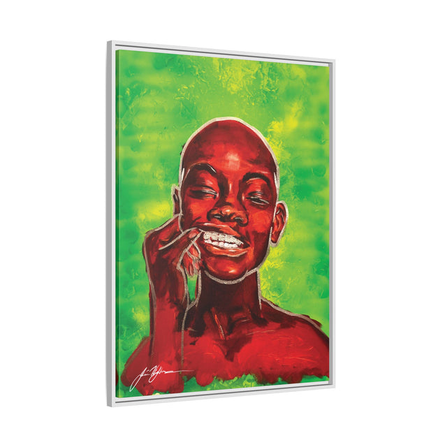 Youth — Framed Matte Canvas Art Print (Boy with Silver Teeth, Green Background)