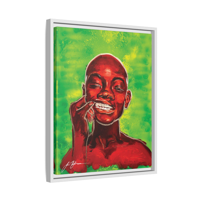 Youth — Framed Matte Canvas Art Print (Boy with Silver Teeth, Green Background)