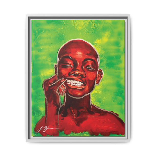 Youth — Framed Matte Canvas Art Print (Boy with Silver Teeth, Green Background)