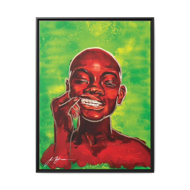 Youth — Framed Matte Canvas Art Print (Boy with Silver Teeth, Green Background)