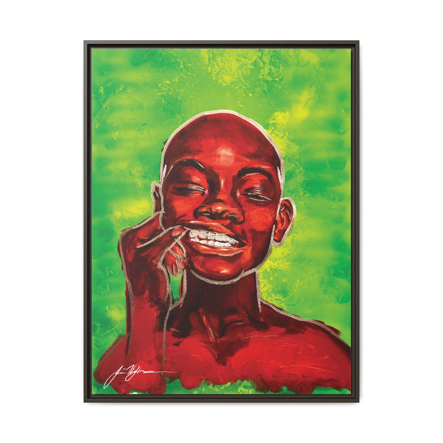 Youth — Framed Matte Canvas Art Print (Boy with Silver Teeth, Green Background)