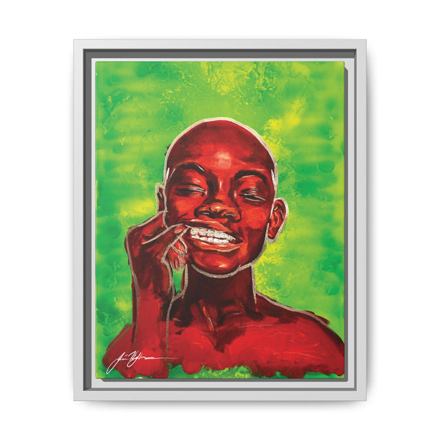 Youth — Framed Matte Canvas Art Print (Boy with Silver Teeth, Green Background)