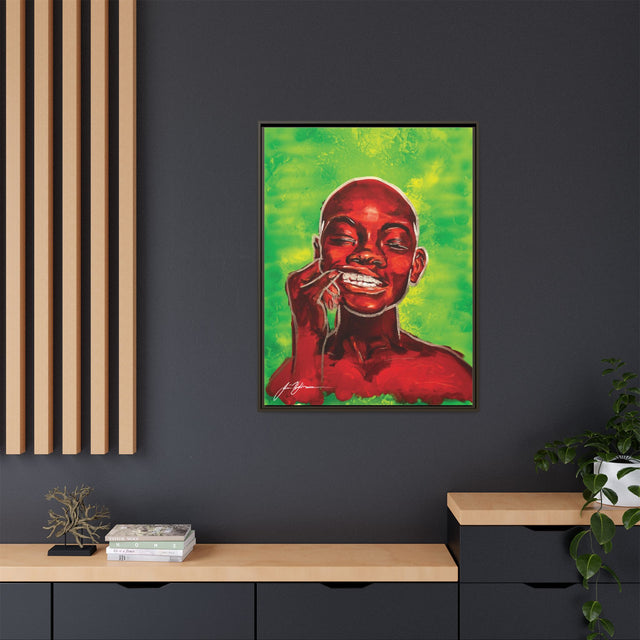 Youth — Framed Matte Canvas Art Print (Boy with Silver Teeth, Green Background)